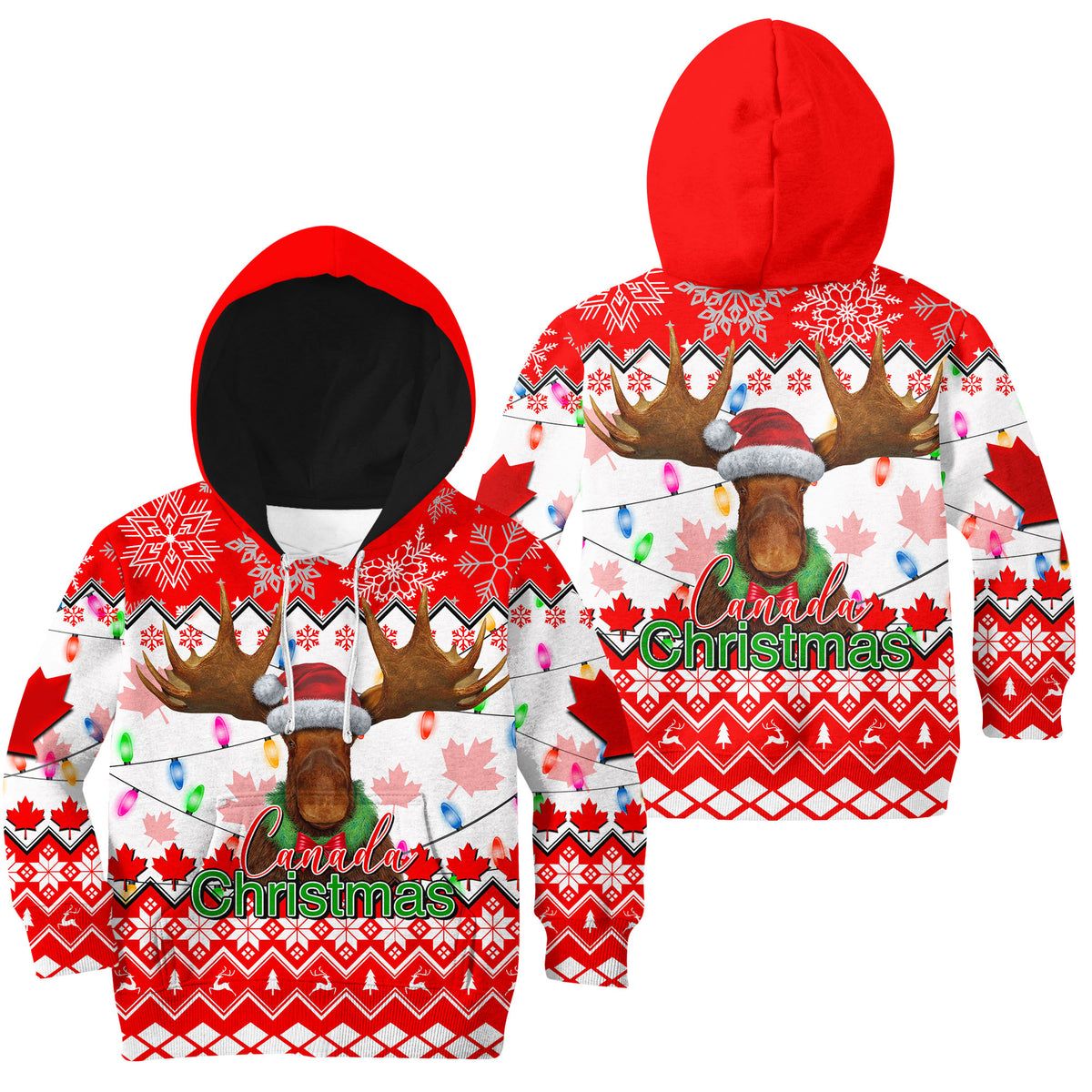 Kids red Christmas moose hoodie with Canada Christmas text, hooded pullover