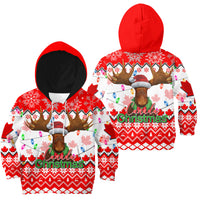 Kids red Christmas moose hoodie with Canada Christmas text, hooded pullover