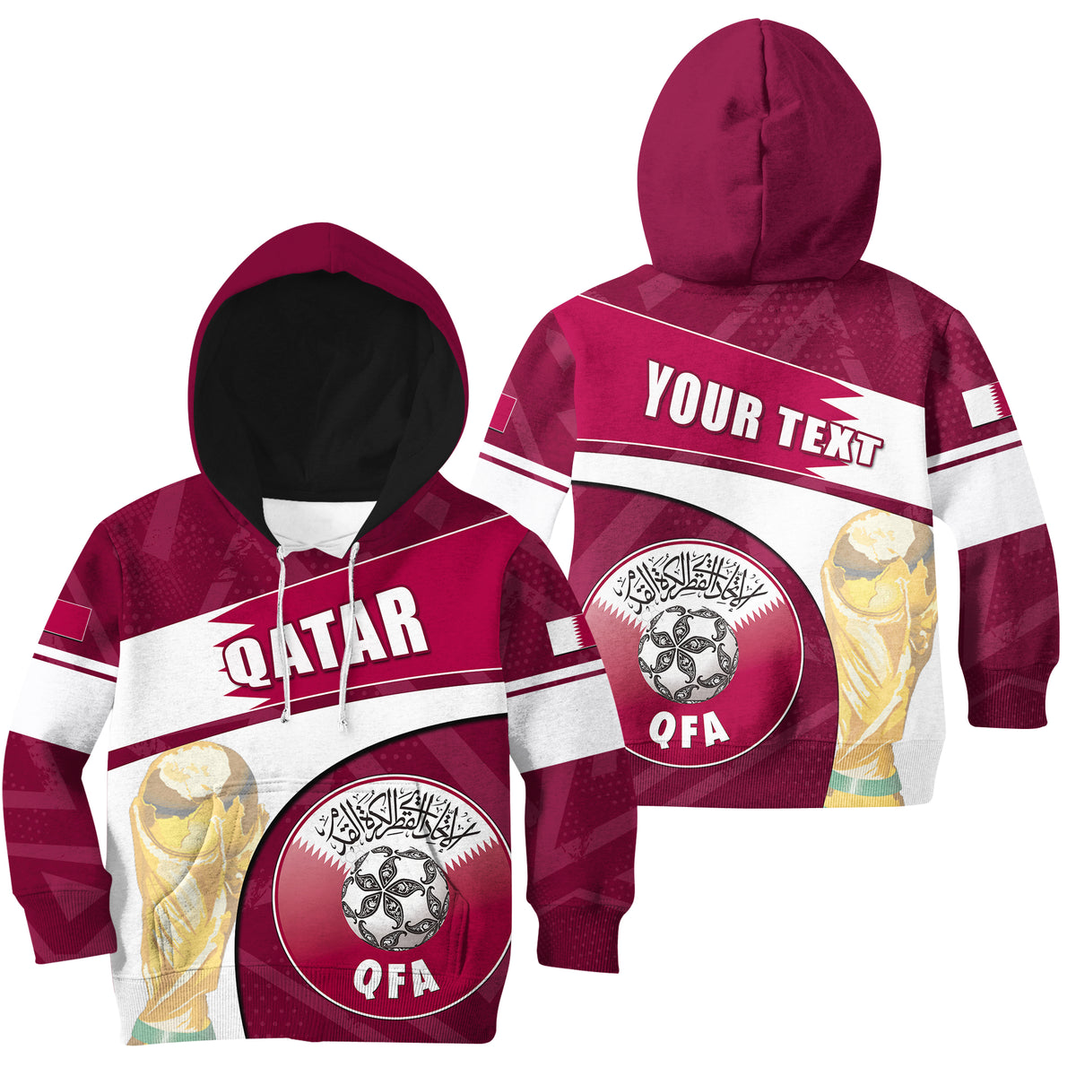 Kids maroon zip hoodie with QATAR print, QFA badge, striped sleeves, hood up