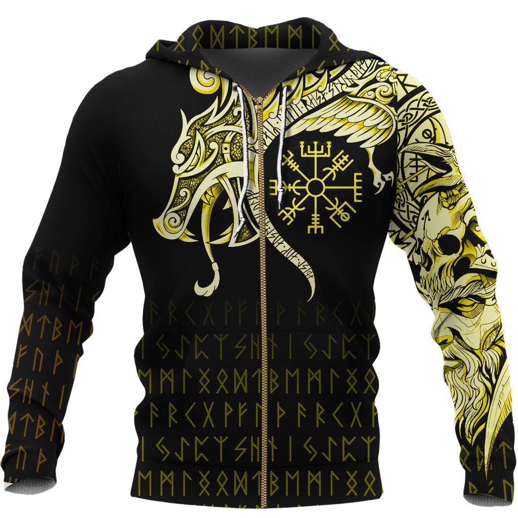 Viking Zip Hoodie, Fenrir Raven and Vegvisir Tattoo Yellow RLT12 - Wonder Print Shop