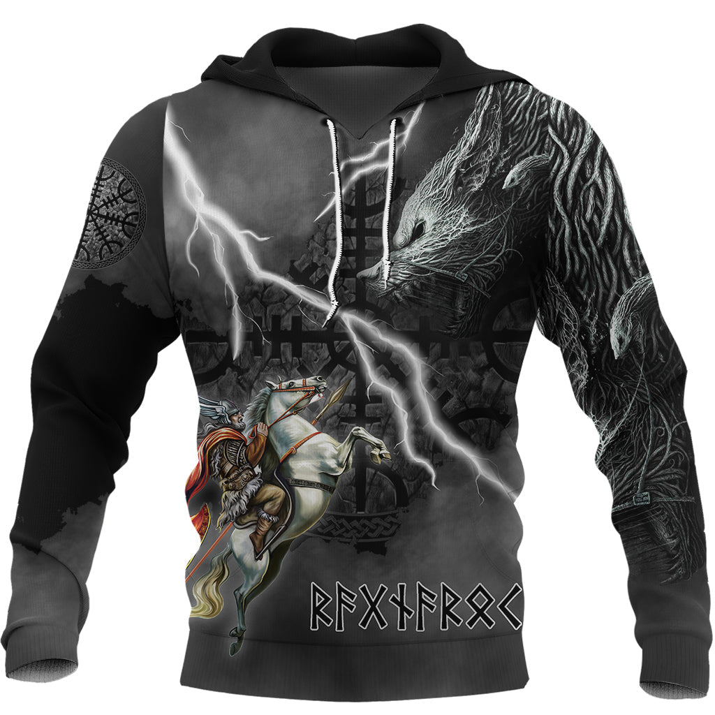 Custom Viking Ragnarok Hoodie Odin Fight Fenrir On Thunder Background RLT12 - Wonder Print Shop