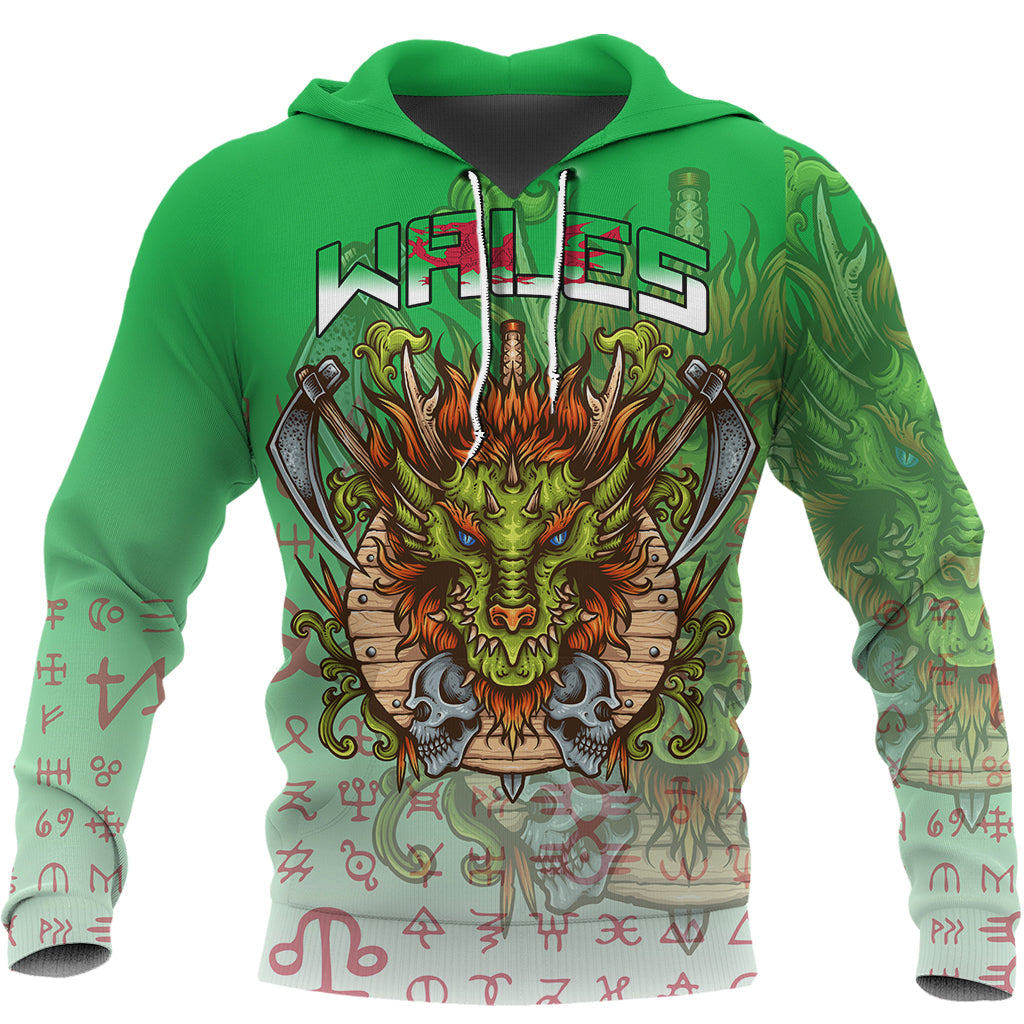 Custom Viking Wales Viking Dragon Style Green and White Hoodie RLT12 - Wonder Print Shop