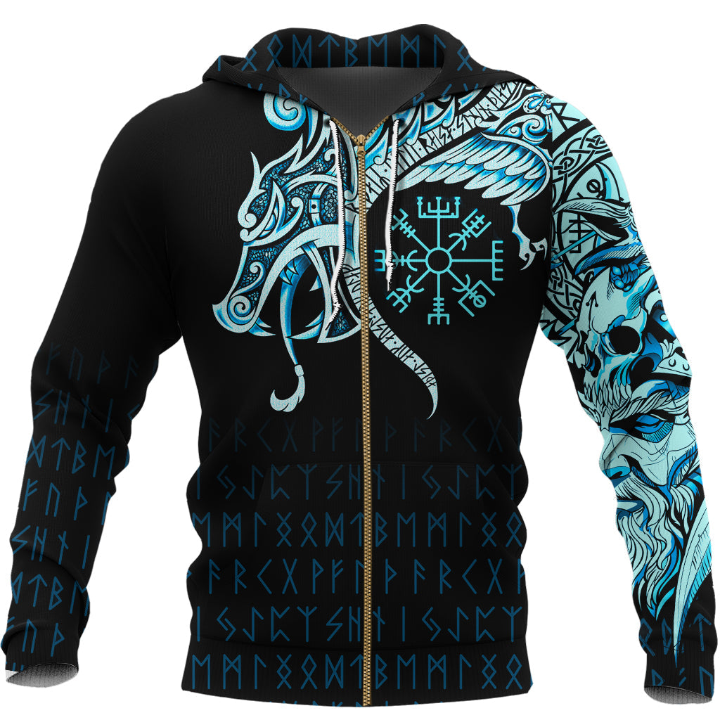 Viking Zip Hoodie, Fenrir Raven and Vegvisir Tattoo Cyan RLT12 - Wonder Print Shop