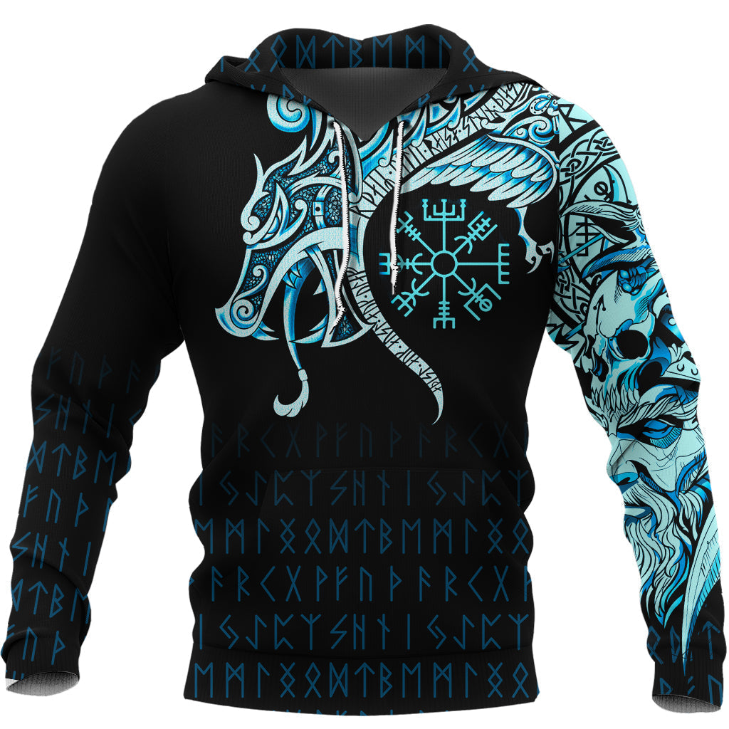 Viking Hoodie, Fenrir Raven and Vegvisir Tattoo Cyan RLT12 - Wonder Print Shop