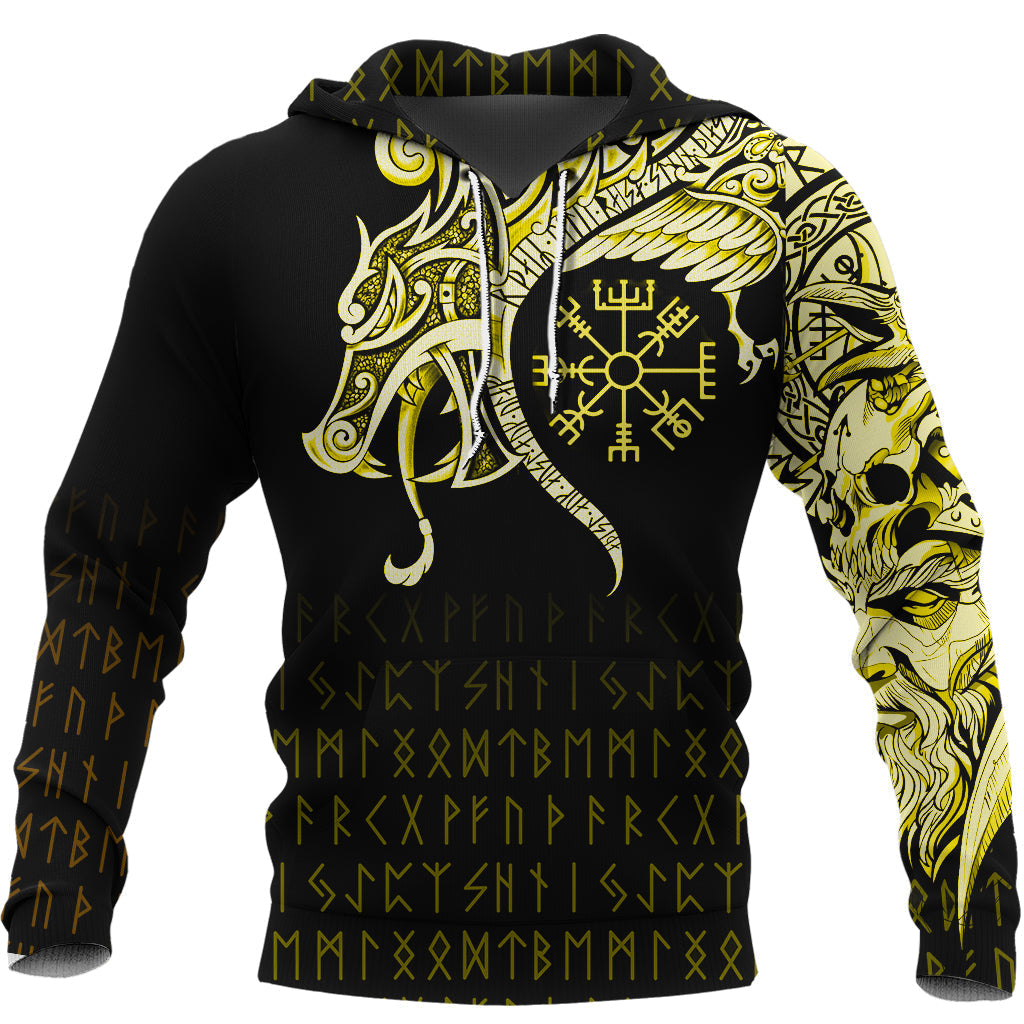 Viking Hoodie, Fenrir Raven and Vegvisir Tattoo Yellow RLT12 - Wonder Print Shop