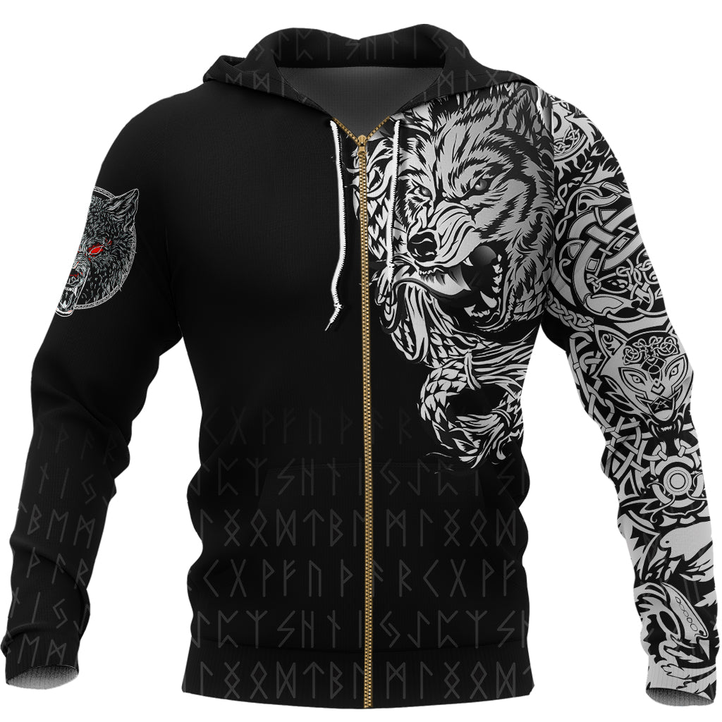 Viking Zip Hoodie - Dark Norse Wolf Tattoo RLT12 - Wonder Print Shop