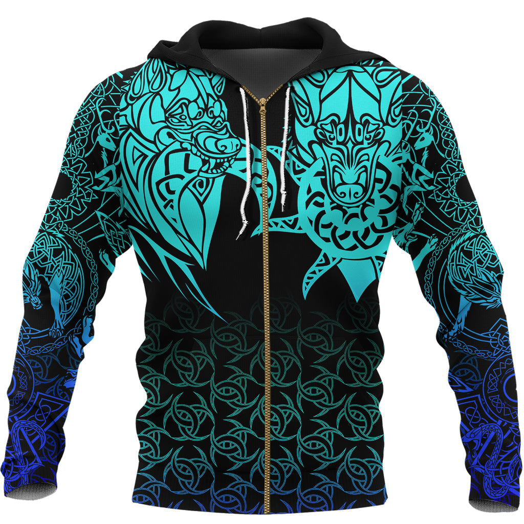 Viking Zip Hoodie - Hati and Skoll Tattoo Cyan RLT12 - Wonder Print Shop