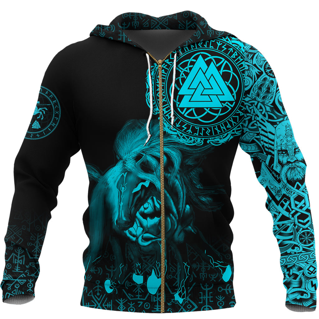 Viking Zip Hoodie - Sleipnir Odin Cyan RLT12 - Wonder Print Shop