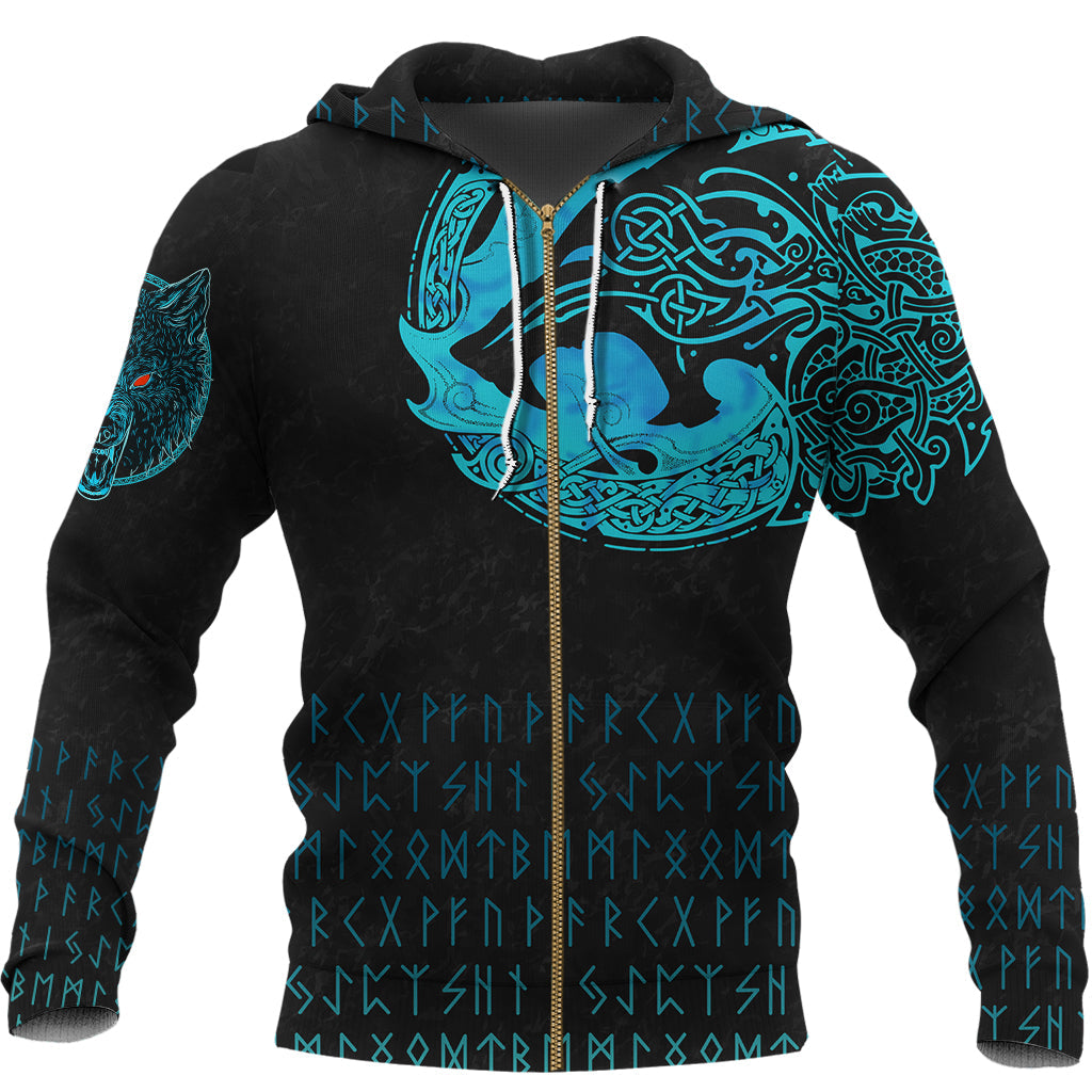 Viking Zip Hoodie - Fenrir Wolf Cyan RLT12 - Wonder Print Shop