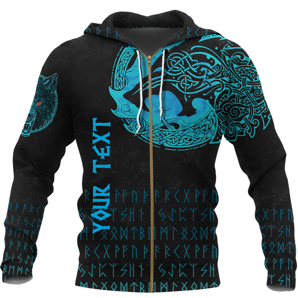 Custom Viking Zip Hoodie Fenrir Wolf Cyan RLT12 - Wonder Print Shop