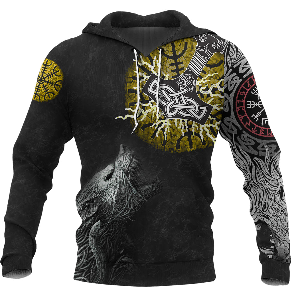 Custom Viking Hoodie Fenrir Fight Mjolnir Of Thor On Helm Of Awe RLT12 - Wonder Print Shop