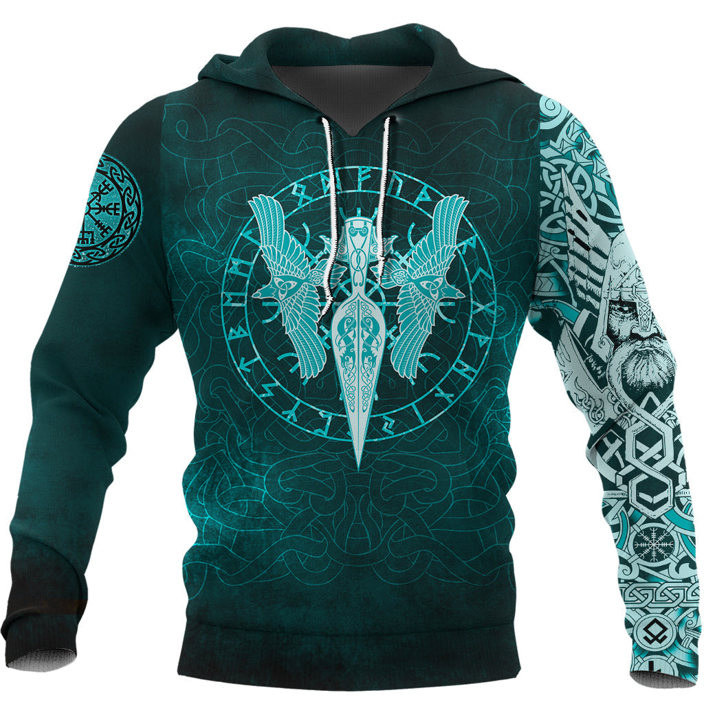 Viking Hoodie Cyan Spear Of The God Odin Gungnir and Two Cyan Ravens Style RLT12 - Wonder Print Shop