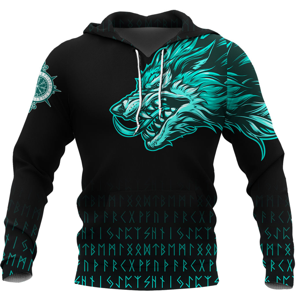 Viking Hoodie Fenrir Wolf Cyan Near Shoulder RLT12 - Wonder Print Shop