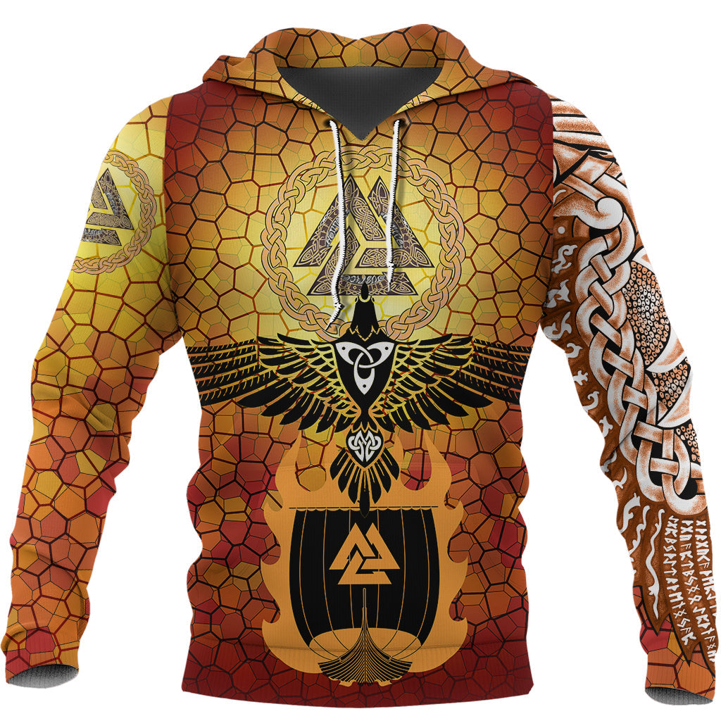 Viking Hoodie Raven Of Odin and Drakkar On Fire On Vignette Gold Valknut RLT12 - Wonder Print Shop