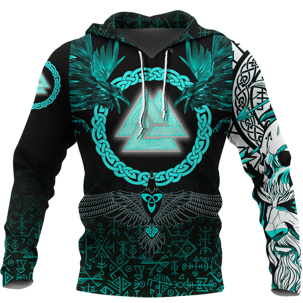 Viking Hoodie Three Raven and Valknut Cyan RLT12 - Wonder Print Shop