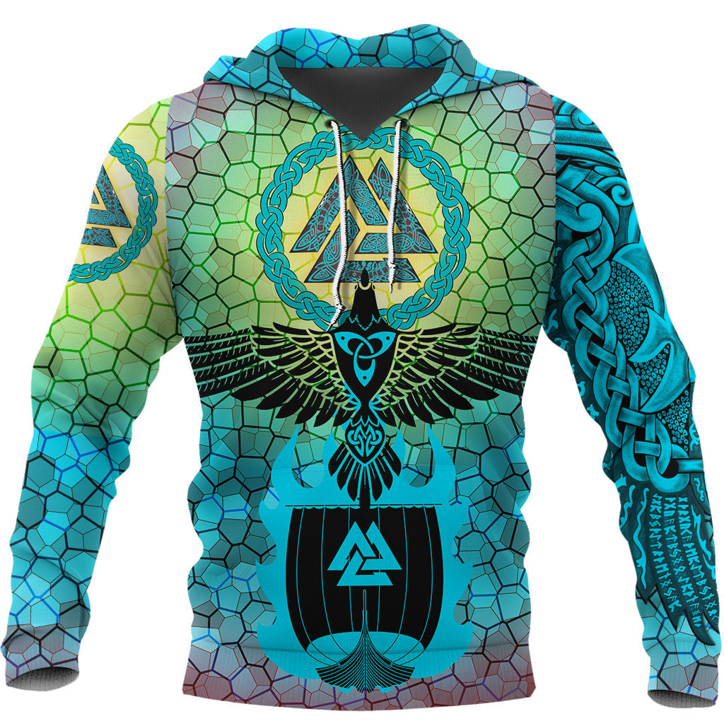 Viking Hoodie Raven Of Odin and Drakkar On Fire On Vignette Cyan Valknut RLT12 - Wonder Print Shop