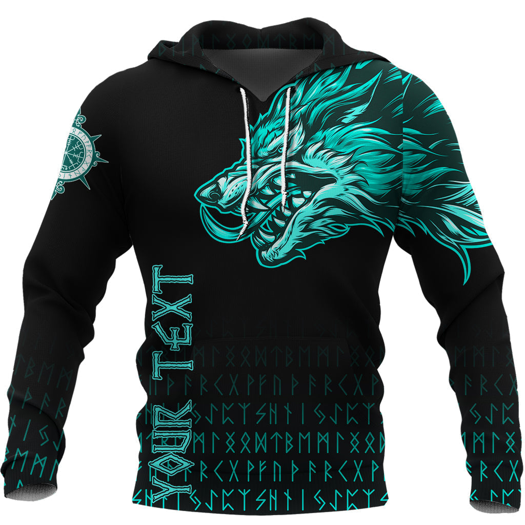 Custom Viking Hoodie Fenrir Wolf Cyan Near Shoulder RLT12 - Wonder Print Shop