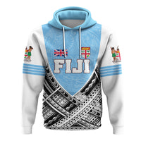 White hoodie front with blue hood, large FIJI print, tribal patterns, sleeve figures