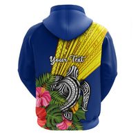 Blue zip hoodie back with 'Your Text' yellow pattern, tribal swirl and flowers