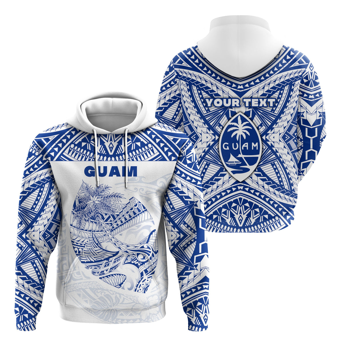 Sudadera tipo rugby azul con patrones polinesios y dibujo GUAM, capucha con cordones
