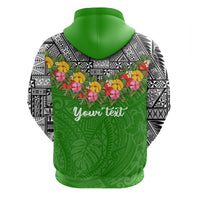 Green zip hoodie back view, floral garland and decorative script on green panel