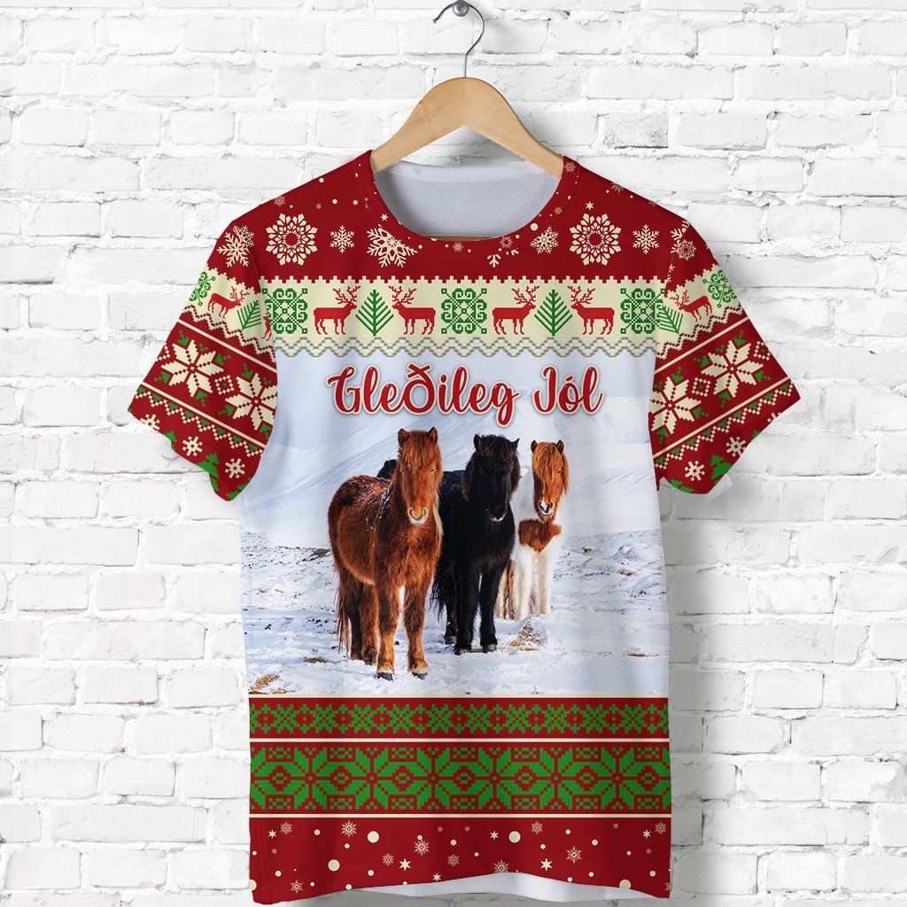 Red Xmas tee with Icelandic horses, snow scene, and 'Gleðileg Jól' print