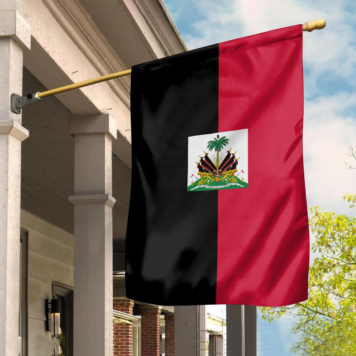 Haiti 1964 house flag on pole, black and red halves with coat-of-arms emblem