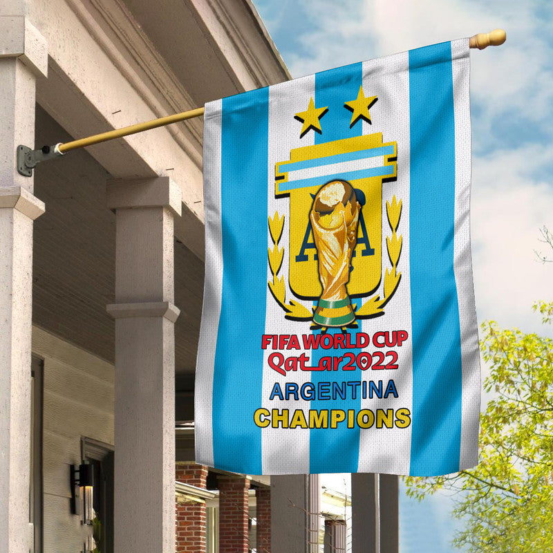 Argentina house flag with blue and white stripes, gold stars, crest and World Cup text