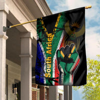 South Africa Freedom Day garden flag with grunge design, hands and eagle emblem