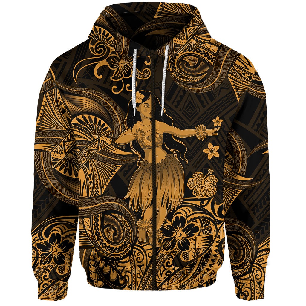 Custom Hawaii Hula Girl Polynesian Zip Hoodie Unique Style Gold LT8 - Wonder Print Shop