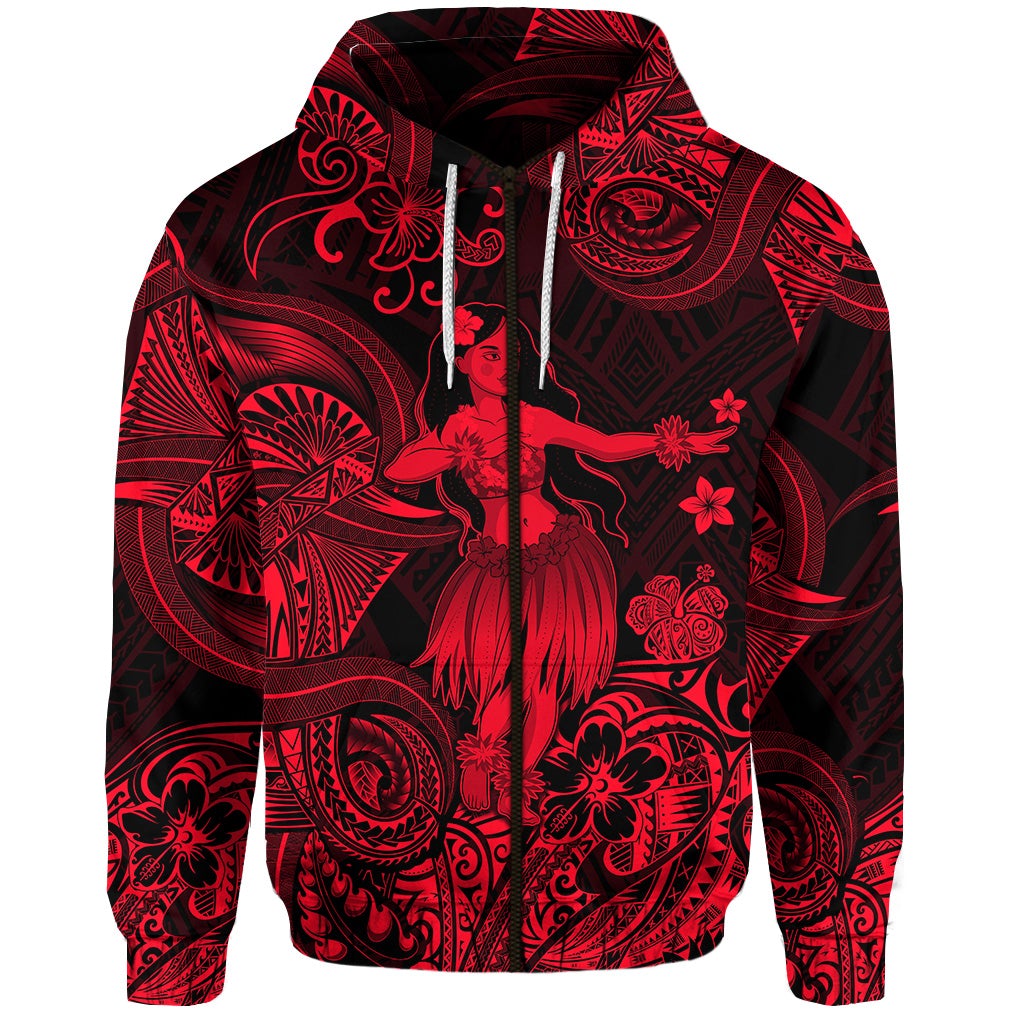 Custom Hawaii Hula Girl Polynesian Zip Hoodie Unique Style Red LT8 - Wonder Print Shop