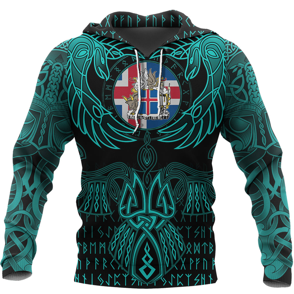 Viking Iceland Hoodie Valknut of Odin Cyan RLT12 - Wonder Print Shop