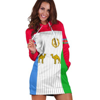 Red hooded sweatshirt dress, white striped front with Eritrea flag colors and gold camel emblem