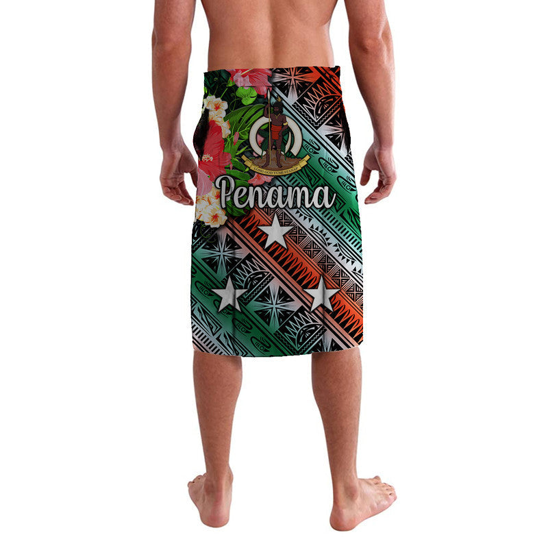 Back view green Penama lavalava wrap skirt, floral and star graphic, knee length