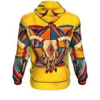 Gelber Pullover-Hoodie: 3D Bison-Schädel-Motiv hinten, Kapuze, Ärmelgrafik