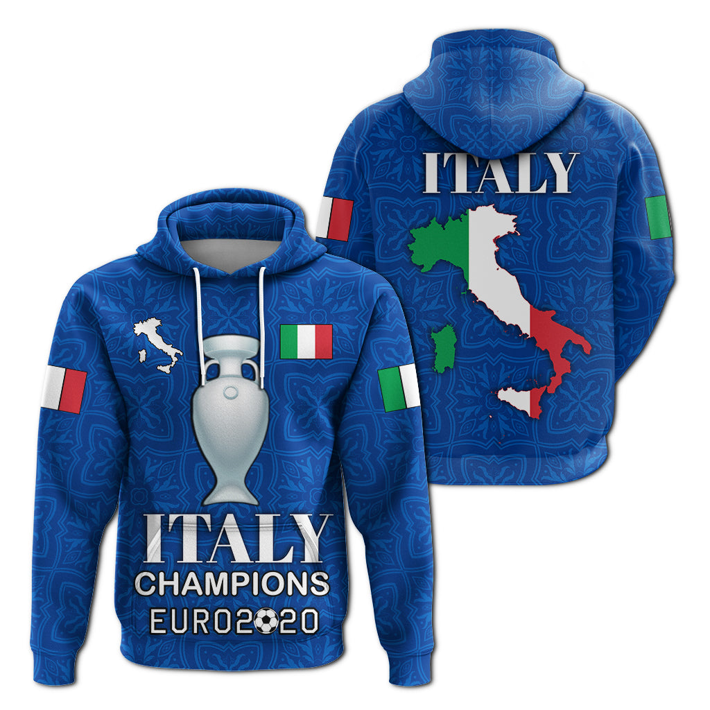 Blue pullover hoodie with Italy map, flag patches, and 'Italy Champions Euro 2020' print
