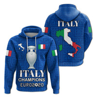 Blue pullover hoodie with Italy map, flag patches, and 'Italy Champions Euro 2020' print