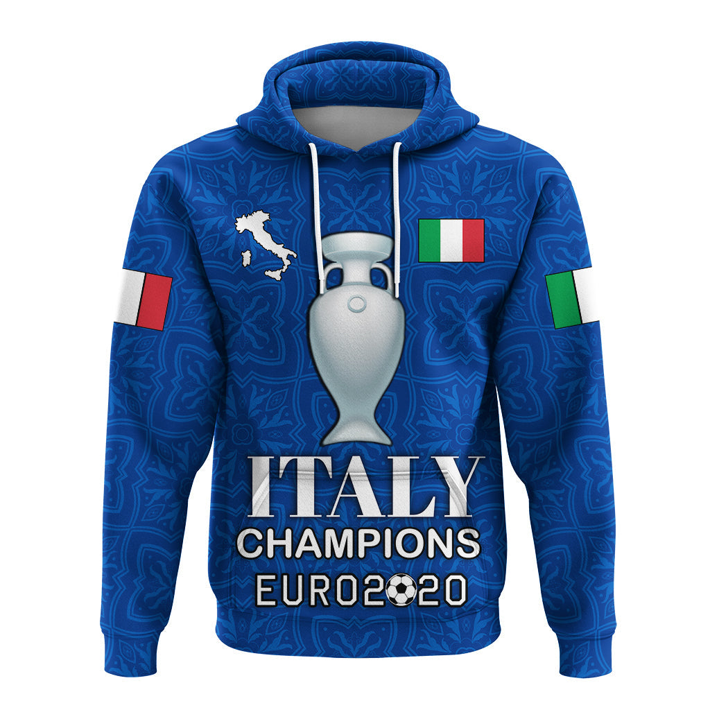Blue pullover hoodie front: Italy Champions Euro 2020 text, trophy graphic, Italy flag
