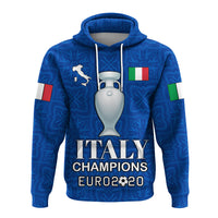 Blue pullover hoodie front: Italy Champions Euro 2020 text, trophy graphic, Italy flag