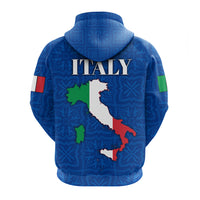 Blue pullover hoodie back with large Italy map graphic and banner-style 'ITALY' text