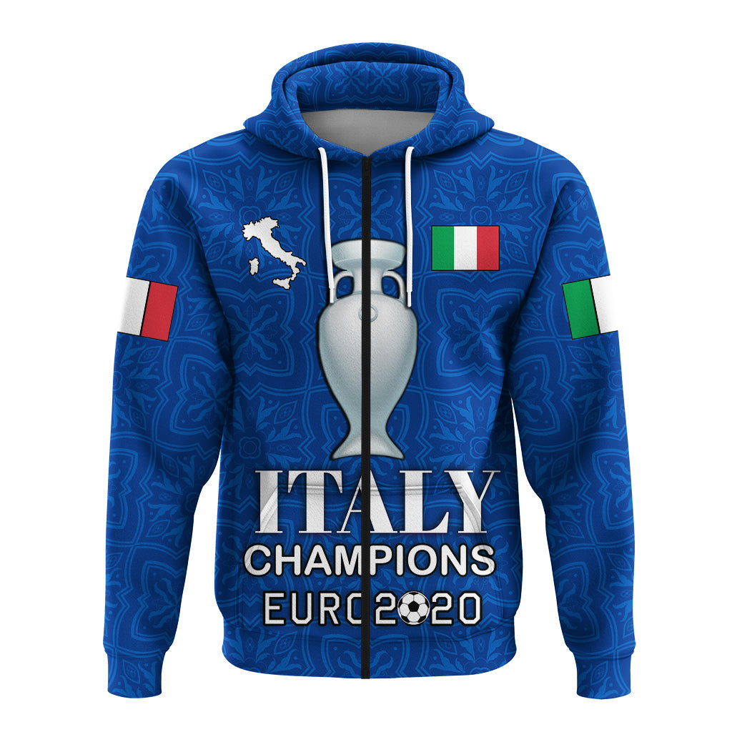Blue zip hoodie with hood, Italy flag patches and 'ITALY CHAMPIONS EURO 2020' text