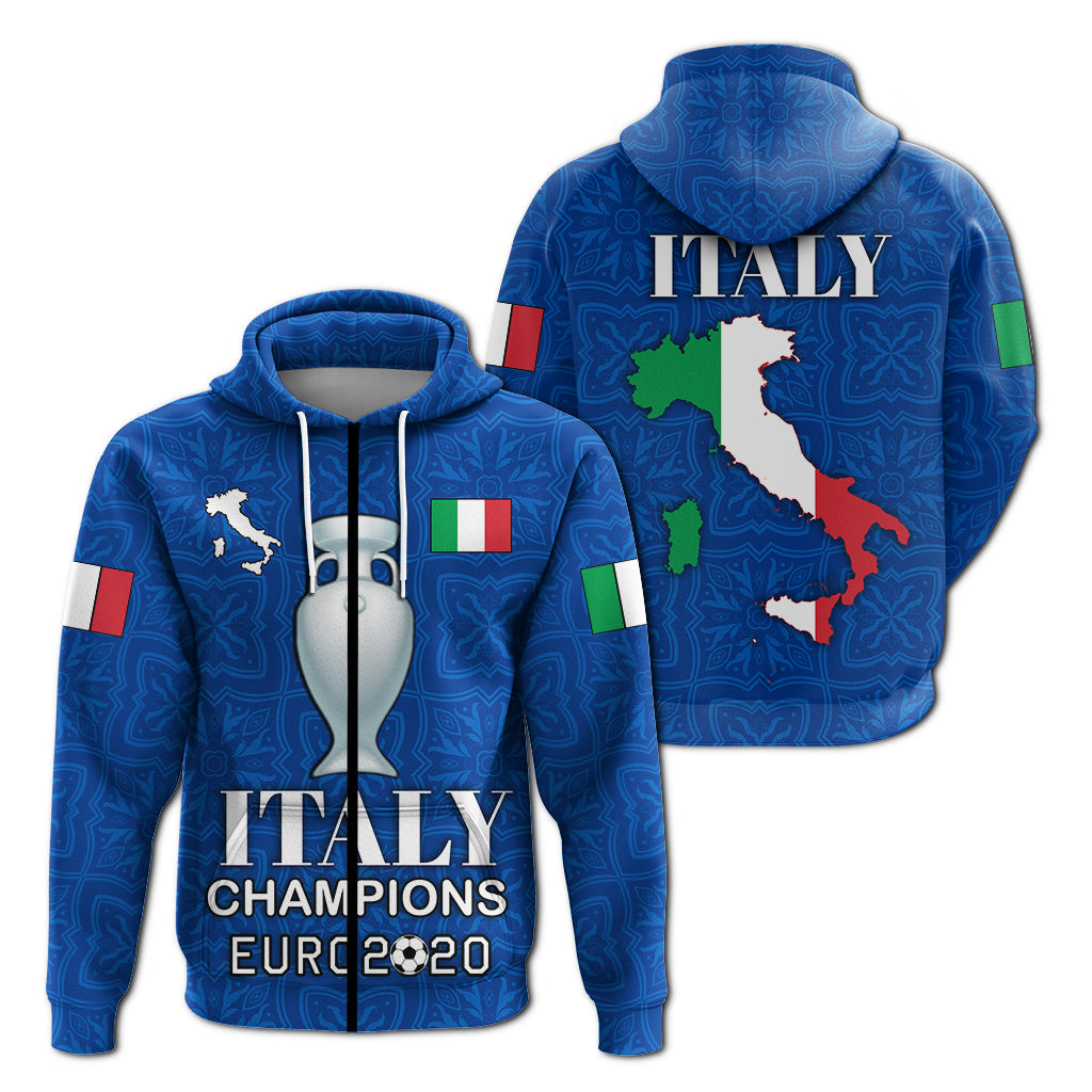 Blue zip hoodie, hooded front graphic with Italy map and 'Italy Champions Euro 2020'