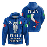 Blue zip hoodie, hooded front graphic with Italy map and 'Italy Champions Euro 2020'
