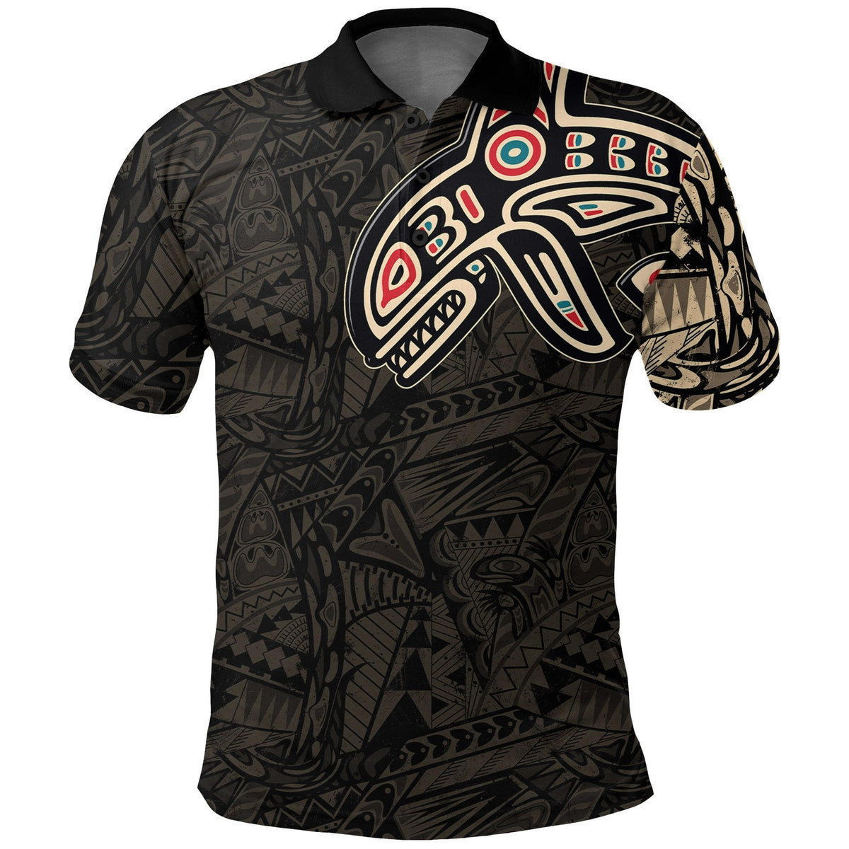 Dark polo shirt with killer whale graphic on front, patterned tribal sleeves