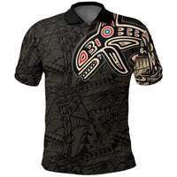 Dark polo shirt with killer whale graphic on front, patterned tribal sleeves
