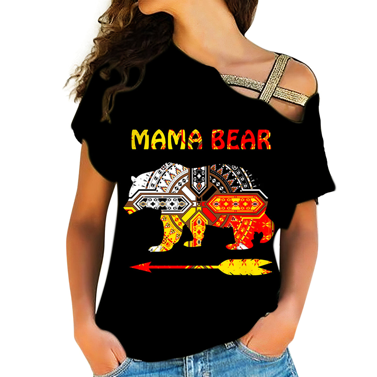 Black cross-shoulder shirt, multicolor Mama Bear bear graphic on front