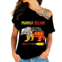 Black cross-shoulder shirt, multicolor Mama Bear bear graphic on front