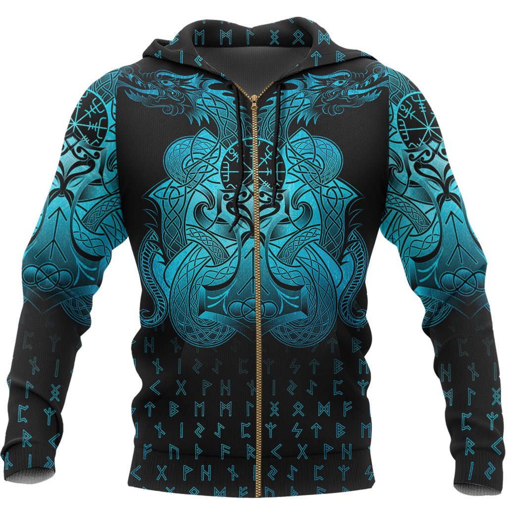 Viking Hoodie Vegvisir Mjolnir and Dragon Norse Tattoo (Zip) RLT12 - Wonder Print Shop