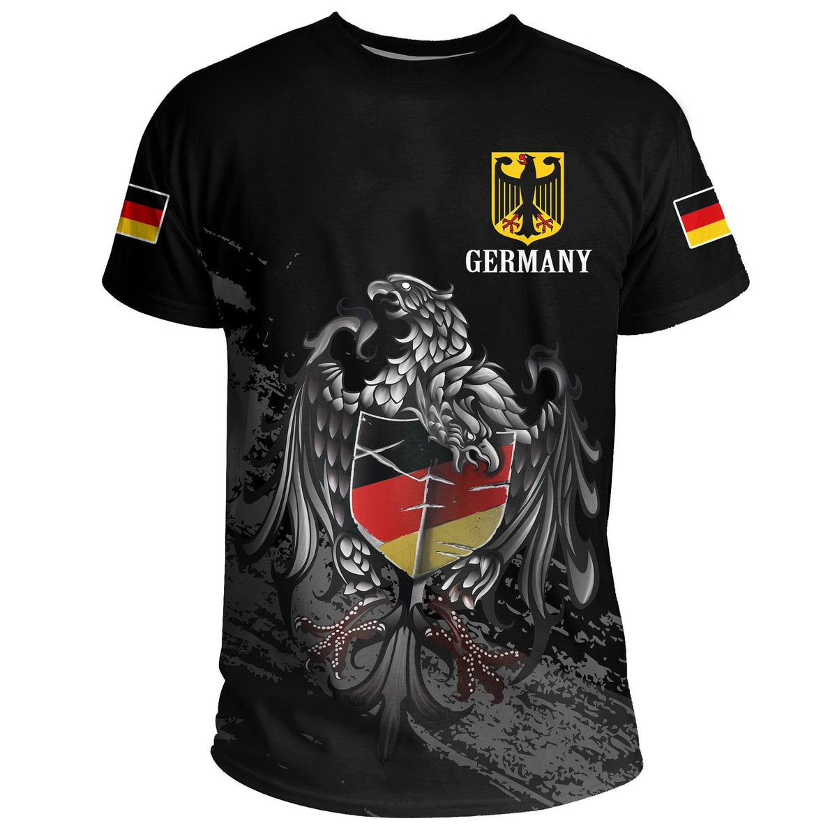 Black Germany T-shirt with eagle crest, Germany text, and flag stripe sleeves