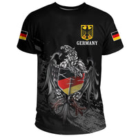 Black Germany T-shirt with eagle crest, Germany text, and flag stripe sleeves